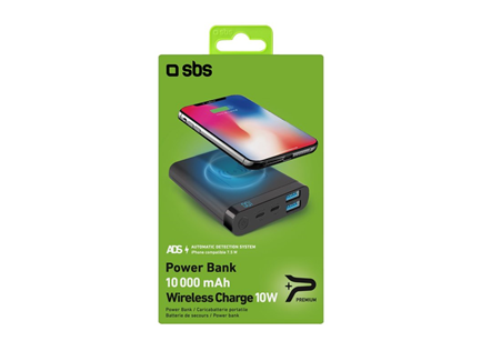 SBS trådløs powerbank 10.000 mAh. Sort