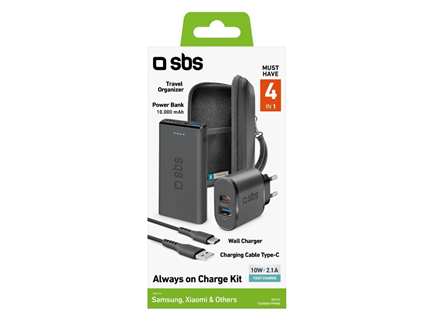 SBS rejsesæt med opbevaring, powerbank, oplader og USB - USB-C kabel