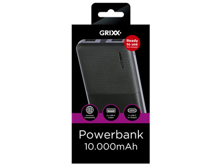 Grixx Powerbank 10.000mAh. Sort